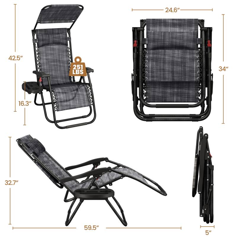 Yaheetech 26in Outdoor Zero Gravity Chair Patio Lounge Camping Chair with Sunshade