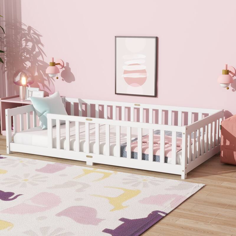 Roomfitters Twin Rubber Wood Floor Bed with Fence, Safety Guardrails, Low Profile Platform Design