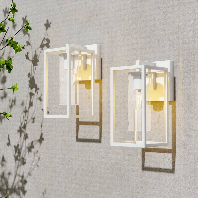 2 Pack Metal 1-Light Clear Glass Outdoor Wall Sconce Light - S: 12.1"Hx5.7"Wx8"D - White