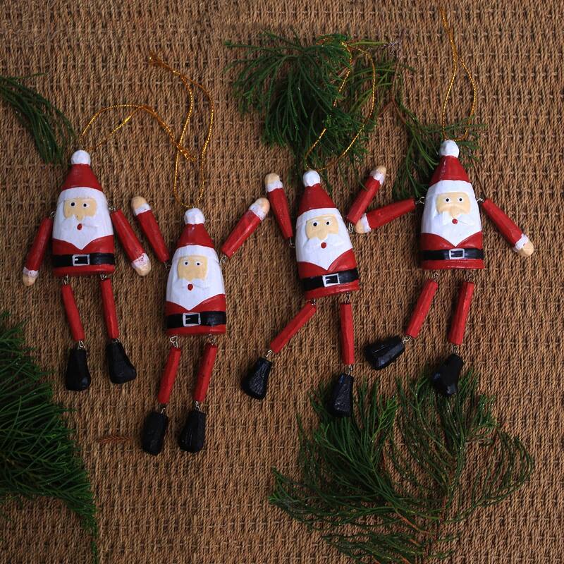 Novica Handmade Dancing Santas Wood Ornaments (Set Of 4)