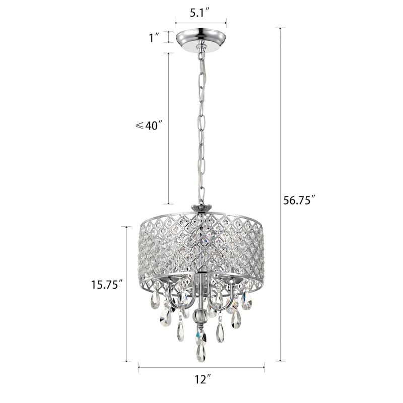 Marya 3-Light Chrome Round Beaded Drum Chandelier with Hanging Crystals, 12 in. Dia