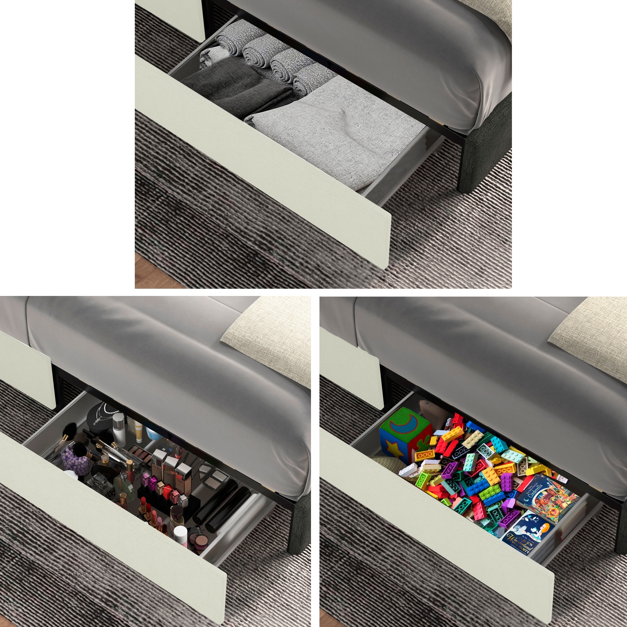 Queen Ivory Velvet Upholstered Bed With 2 Drawers