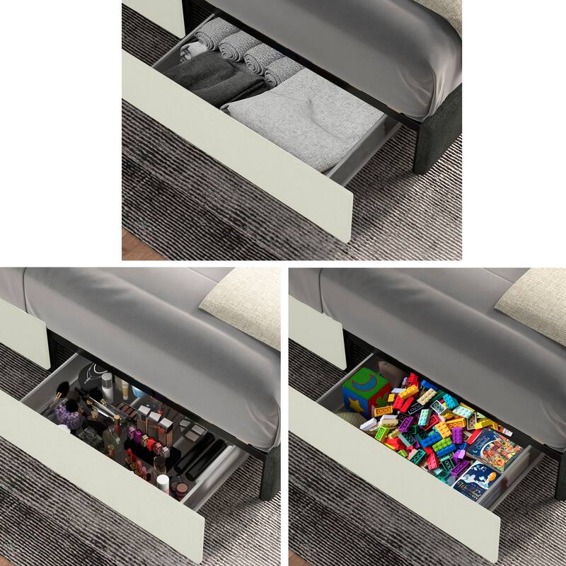 Queen Size Ivory Velvet Upholstered Wingback Platform Bed with Drawer