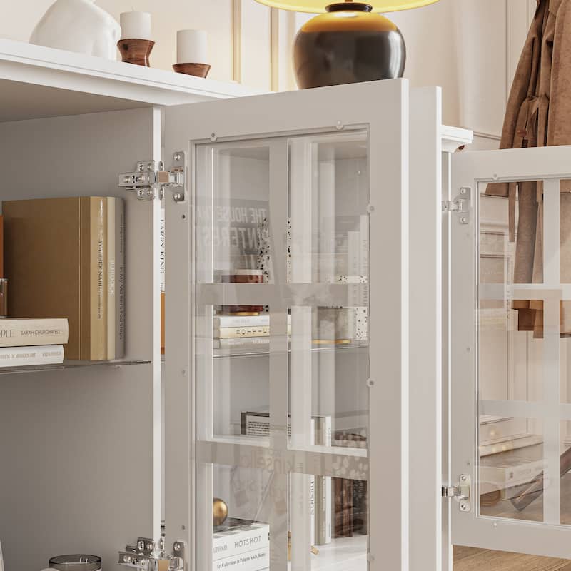White Wall Cabinet with Glass Panel Doors, 4-Door Hanging Storage Unit for Kitchen, Coffee Bar, Laundry Bookshelves