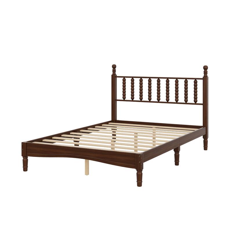 Wood Platform Bed Frame with Gourd Shaped Headboard, Retro Style Low Profile Bed with Wooden Slat Support, No Box Spring Needed