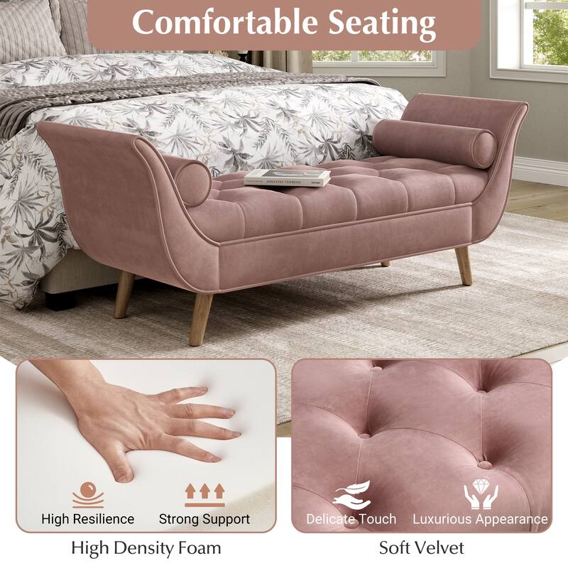 Pink Upholstered Velvet Bench End of Bed Bench with 2 Pillows, Button Tufted Ottoman Footstool with Rolled Arms