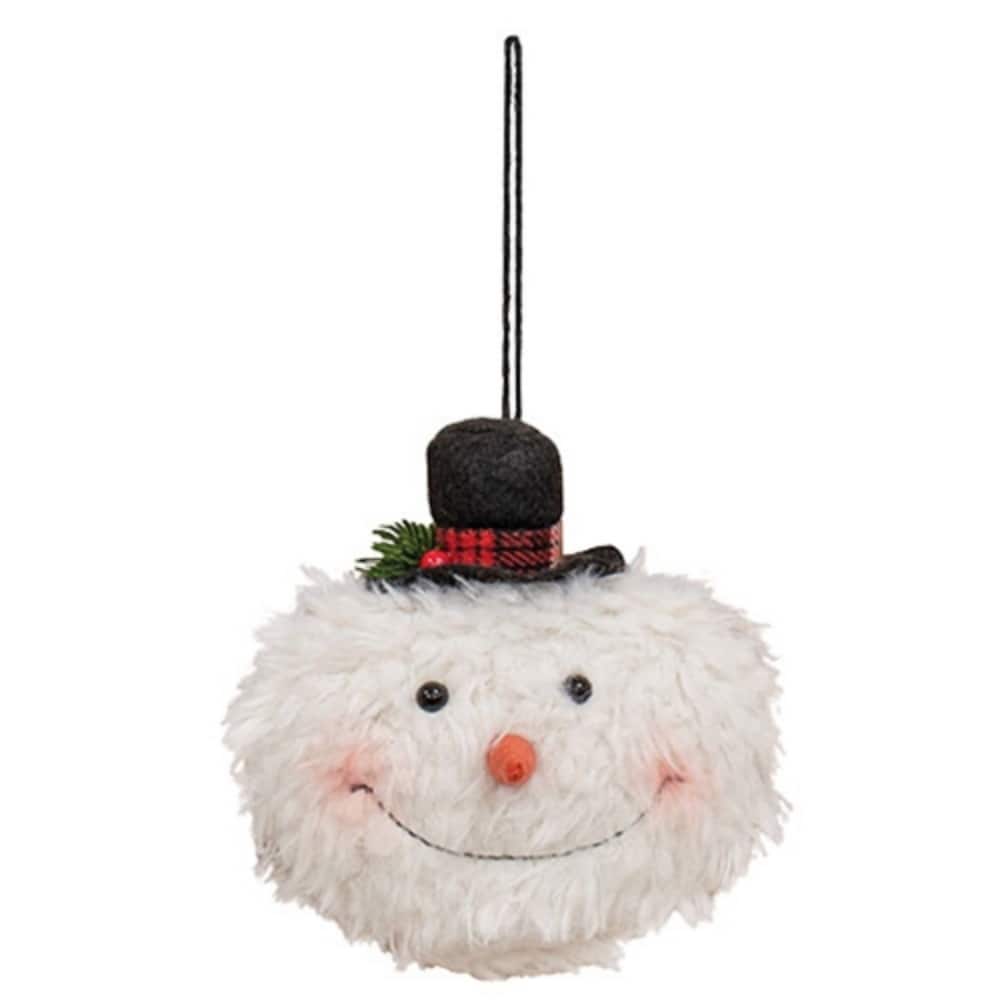 Fuzzy Snowman Ornament with Black Top Hat and Plaid Band - 4.25" x 4.25"