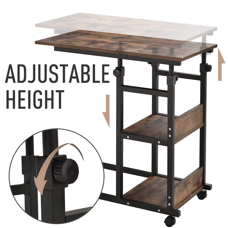 HOMCOM Industrial C-Shaped Mobile Rolling Sofa Side Table with 3-Tier Storage Shelving, Adjustable Height, & Wheels