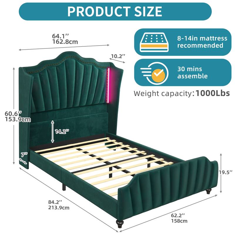 Velvet Upholstered Platform Bed Frame with 60" Tall Wingback Headboard