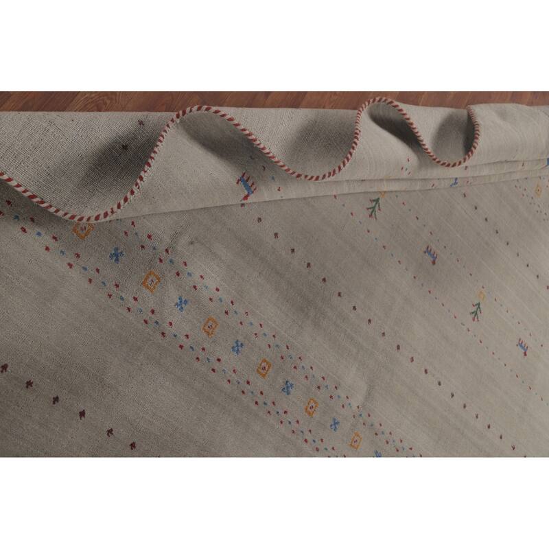 Tribal Gabbeh Area Rug Hand-Knotted Grey Wool Carpet - 7'11"x 9'7"