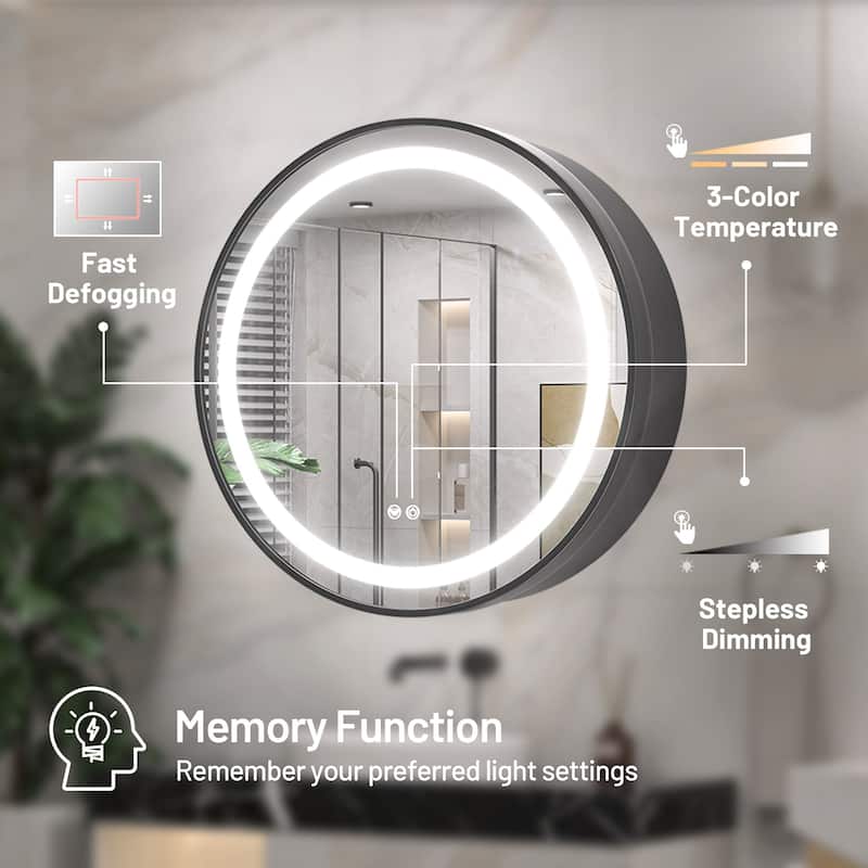 Keonjinn LED Metal Framed Round Medicine Cabinet with Mirror for Vanity, 3 Color Temperatures