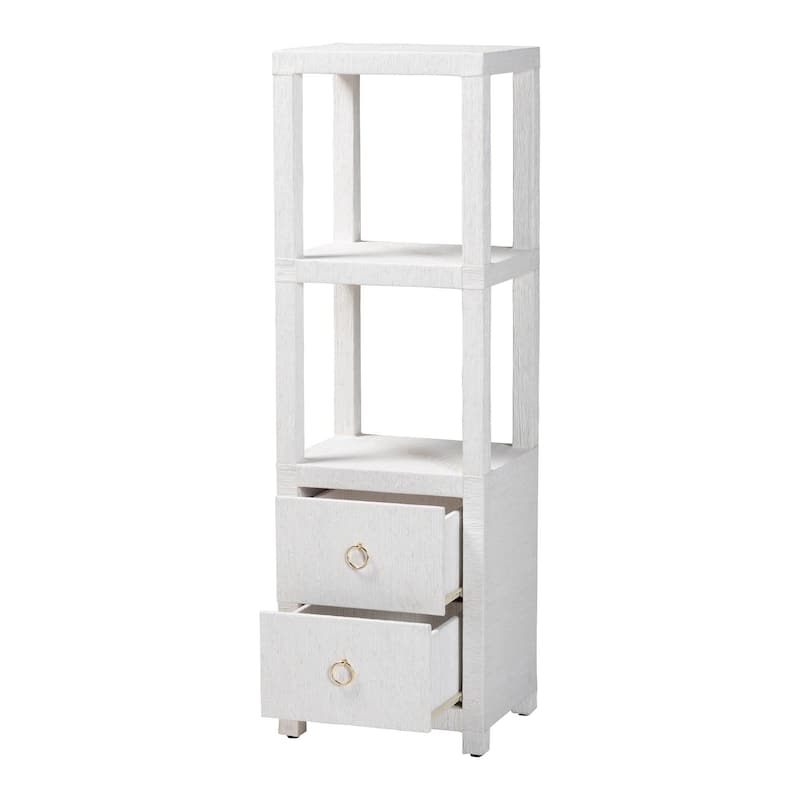 Xavier Grasscloth Tall Storage Cabinet - Woven Accent Tower Bookcase with Open Shelves and Drawers, Space-Saving Organizer