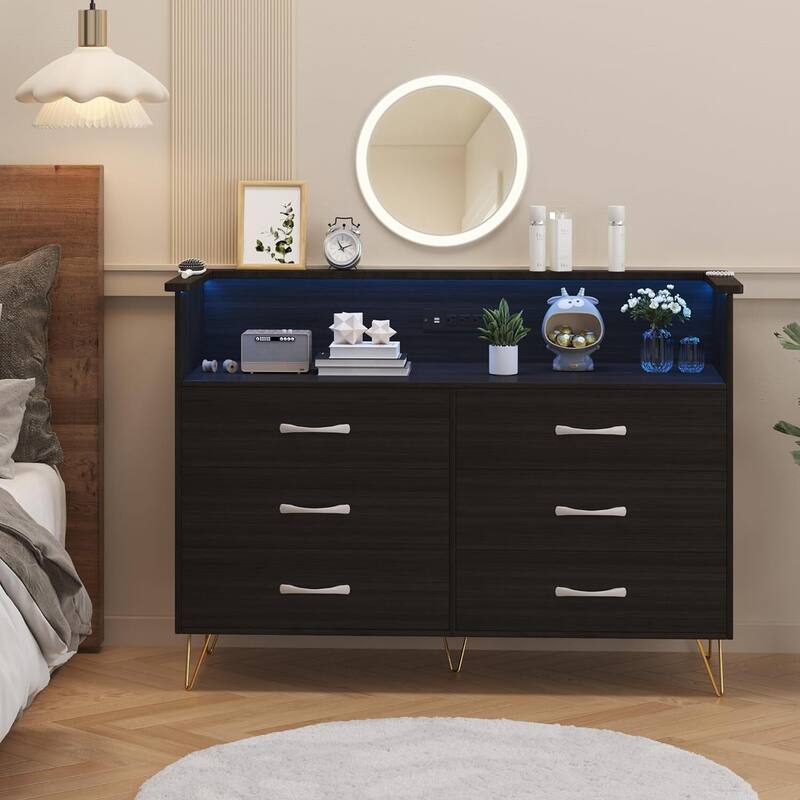 Takywep Black Dresser with LED Light for Bedroom 6 Drawer - Black