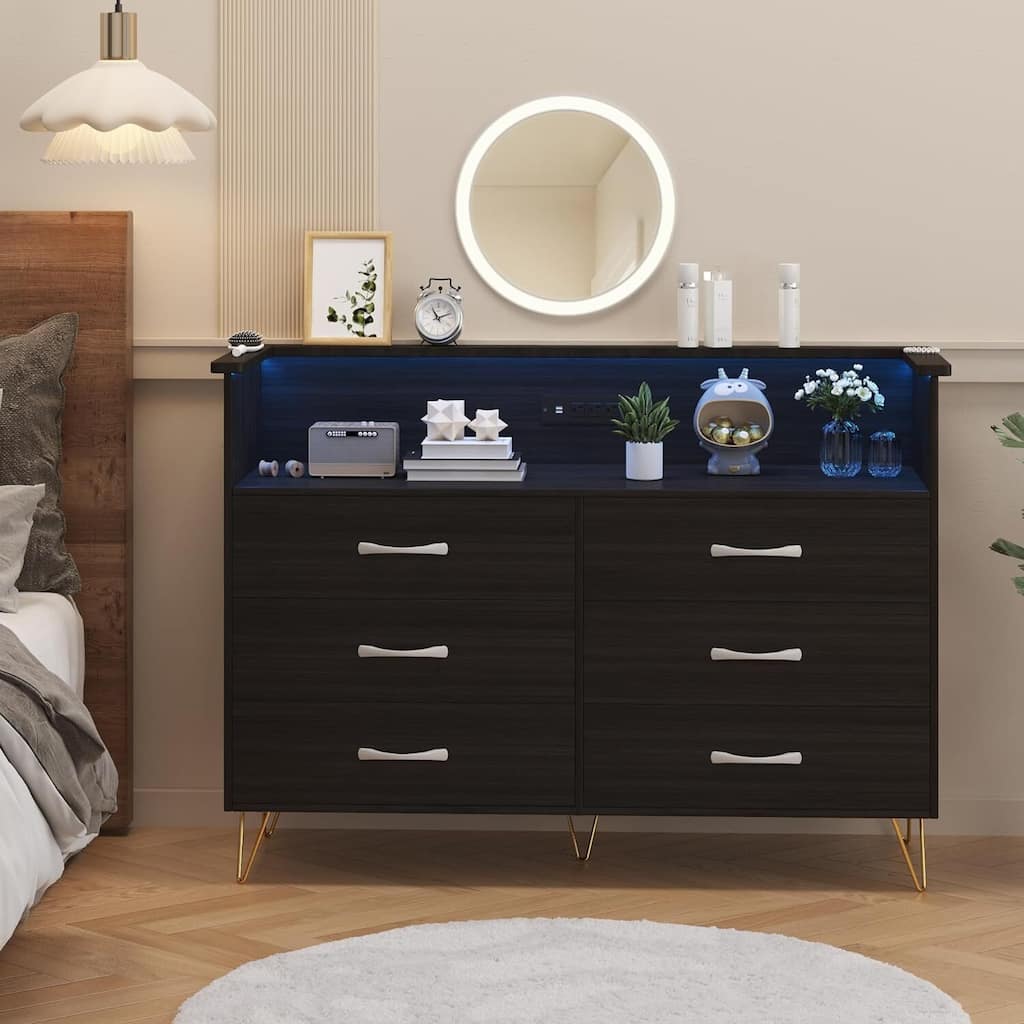 Takywep Black Dresser with LED Light for Bedroom 6 Drawer