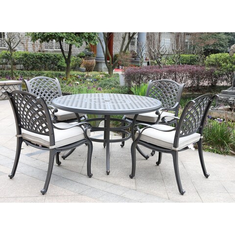 Cast Aluminum 5 Piece Round Dining Set with 4 Arm Chairs