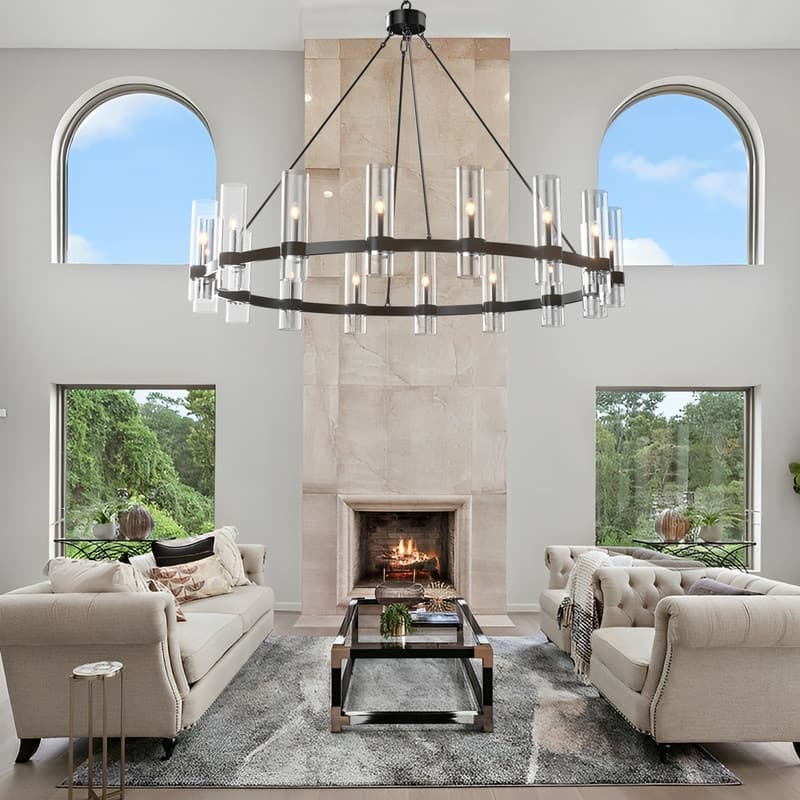 Modern Farmhouse Chandelier Black Wagon Wheel Chandelier with Clear Glass Shade
