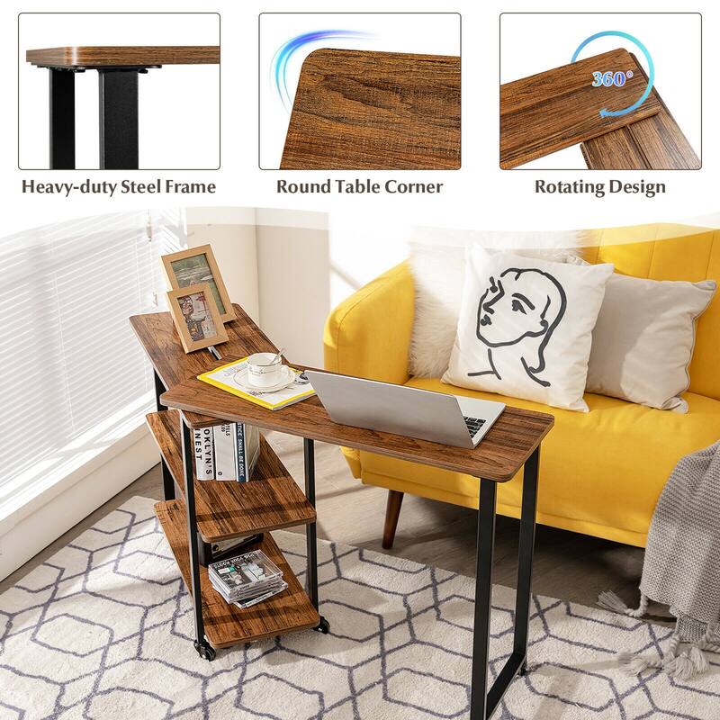 Gymax Sofa Side End Table Rotating Bookcase Patented w/ Wheels Brown - See Details