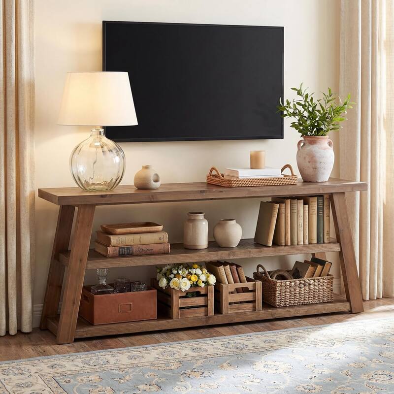 63" 3-Tier Solid Wood TV Stand, Rustic Entertainment Center for Living Room
