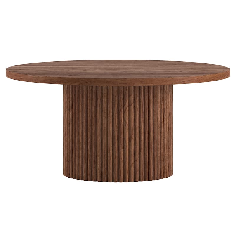 Rollan 32" Wide Round Fluted Coffee Table - 32" Wide - Satin Walnut