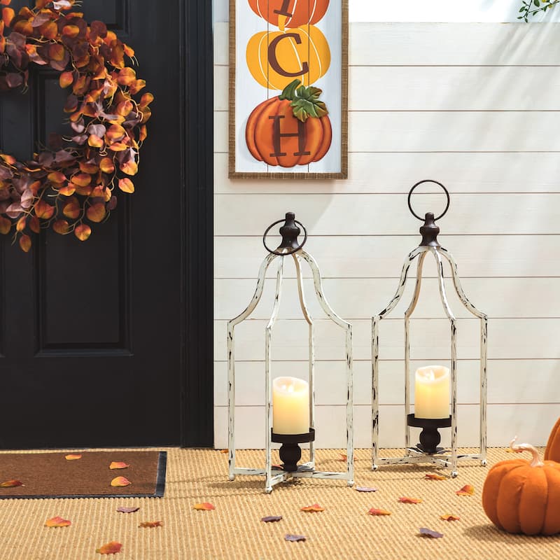 Glitzhome Farmhouse Metal Decorative Lanterns Candle Holder with Handle Wedding Decor - L+L - White