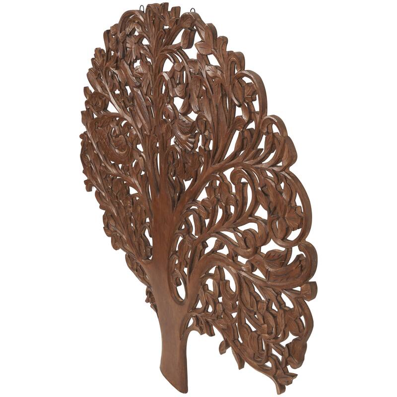 Brown Wooden Carved Tree Home Wall Decor with Animal Accents