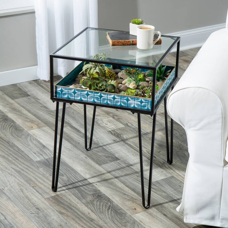 Metal Table with Glass Top and Teal Metal Planter Dish