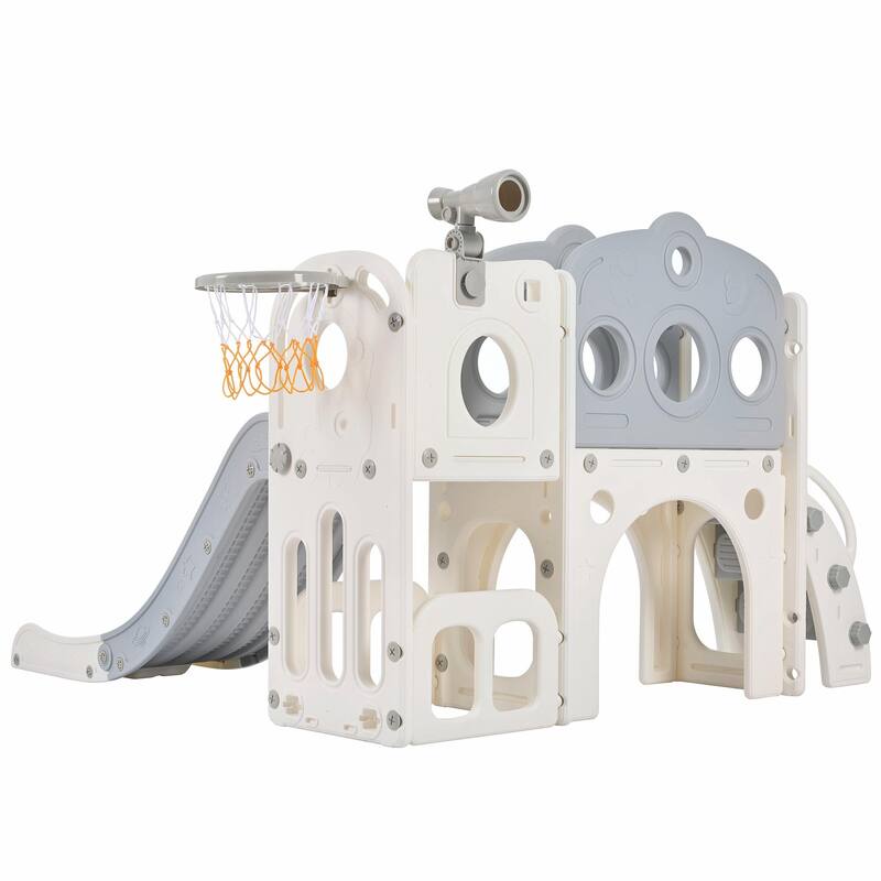 7-in-1 Toddler Slide Set - Spaceship Playset with Slide, Arch Tunnel, Basketball Hoop, and Toy Storage