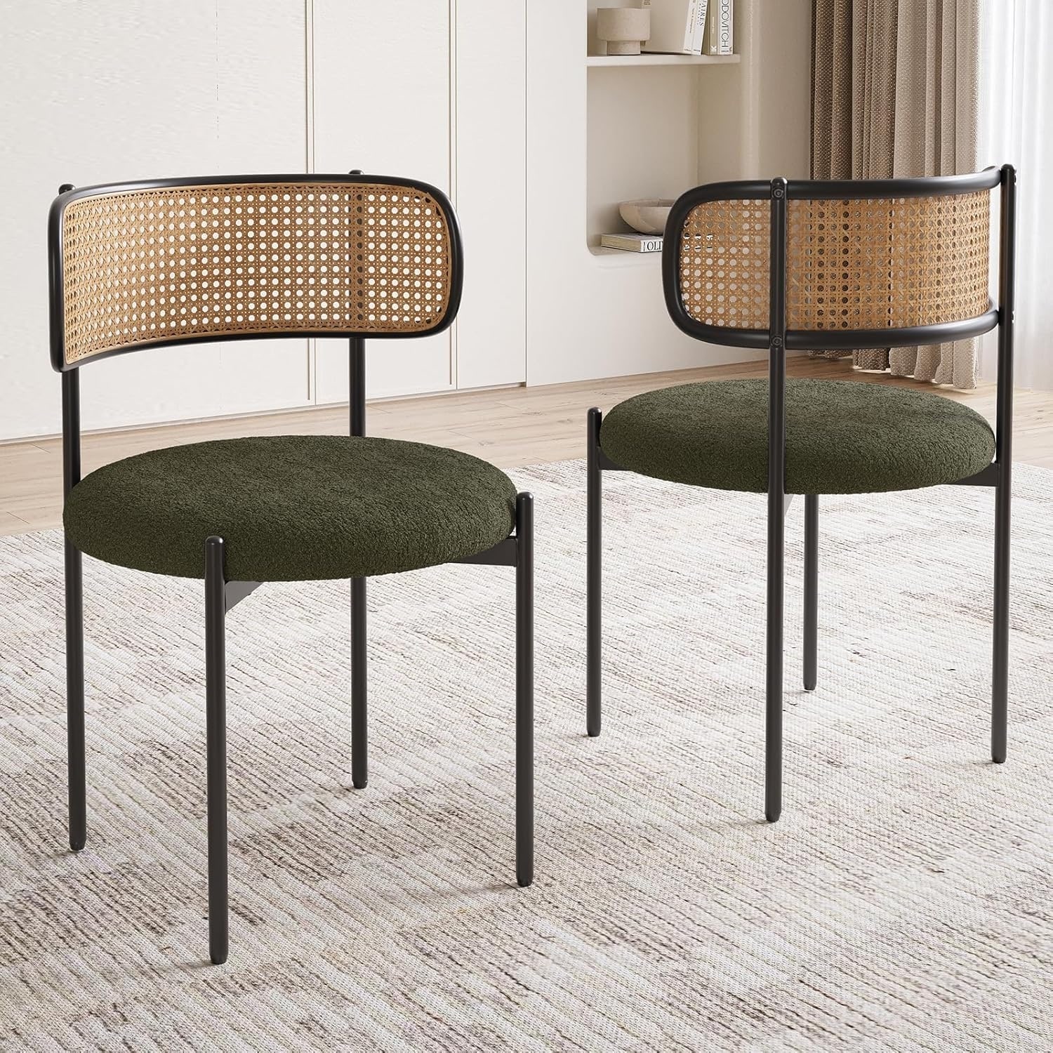 Set of 2 Mid-Century Modern Dining Chairs with Rattan Backrest and Thickened Cushion, Suitable for Indoor & Outdoor Use