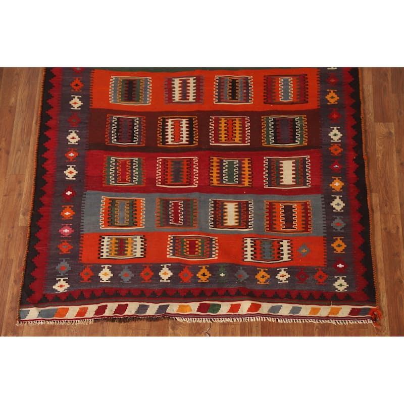Masterpiece Flatweave Vegetable Dye Kilim Qashqai Persian Vintage Rug - 4'10"x 9'11"