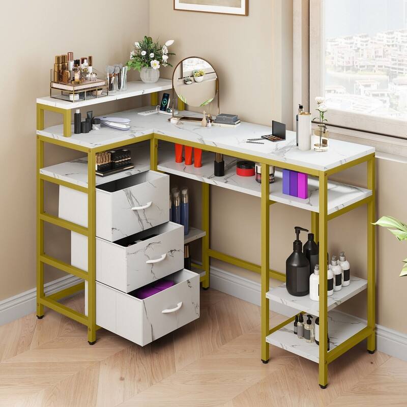 Moasis L Shape Nail Desk with Built-in Charging Station and Marbling Texture Manicure Station