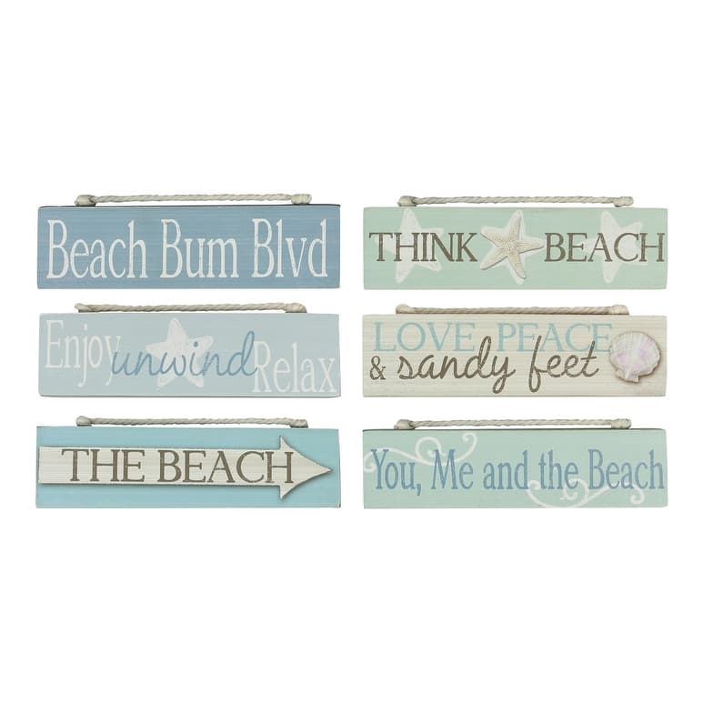 Beach Bum Unwind Relax Sandy Feet Painted Wood Block Signs Set of 6 - Blue