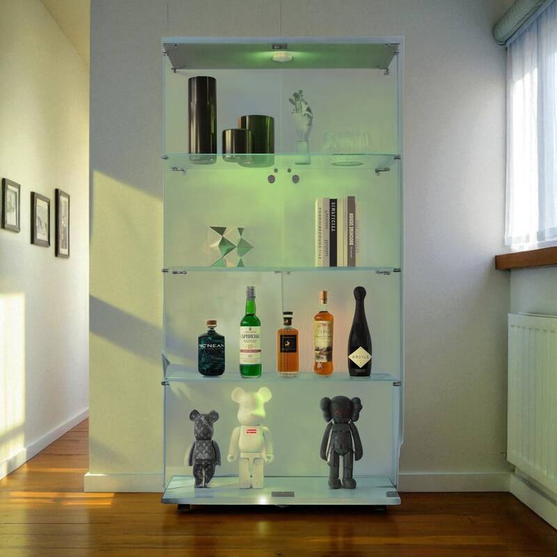 Lighted Two-Door Glass Display Cabinet with 4 Shelves, Tempered Glass and Security Lock