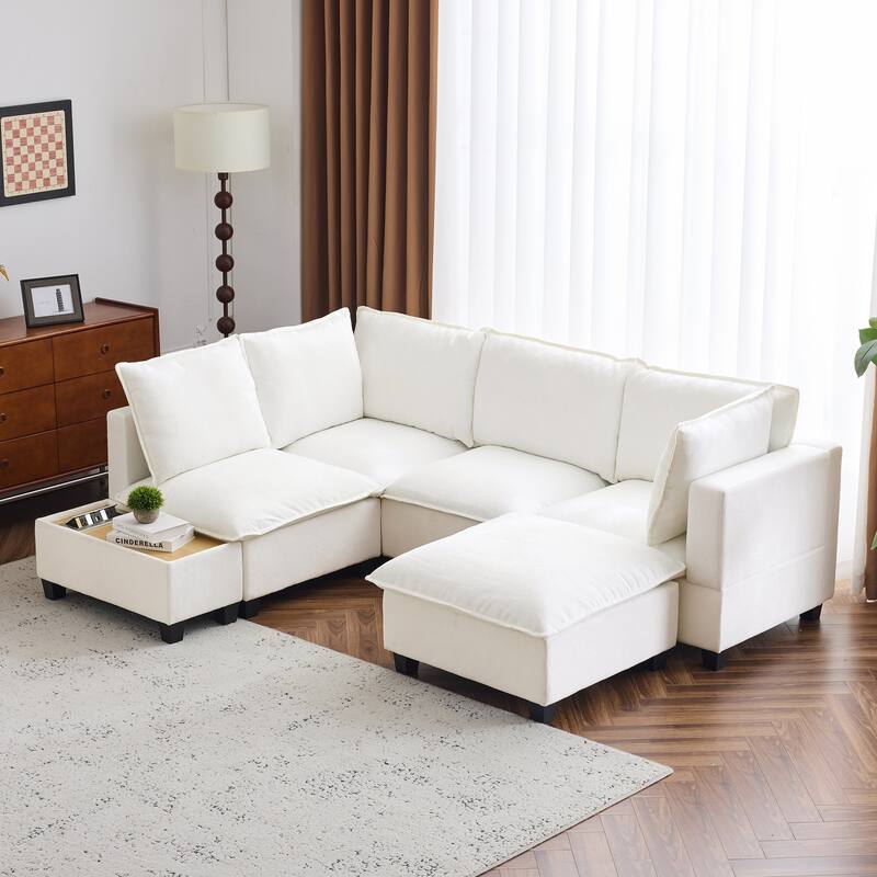 Modern Sectional Sofa with Hidden Charging Coffee Table and Movable Ottoman and Chenille Upholstery for Living Rooms