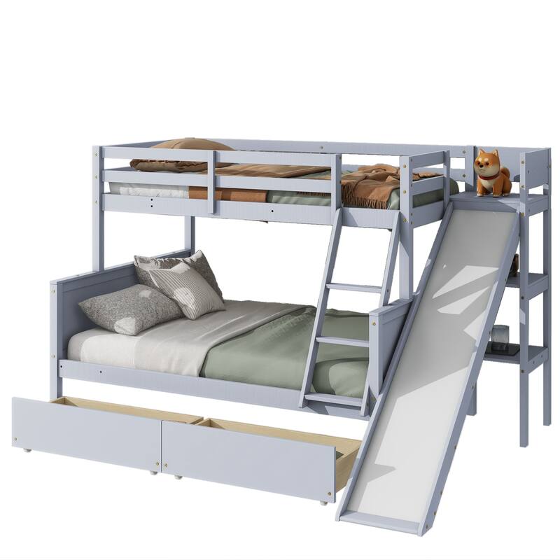 Twin over Full Bunk Bed with Slide, Drawers, Shelves, and Ladder in Grey