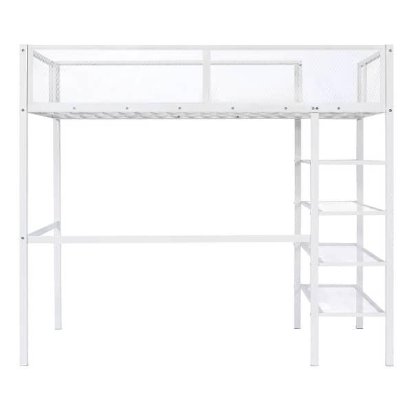 slide 2 of 33, Twin Loft Bed with Shelves & Desk - Space-Saving Metal Frame White