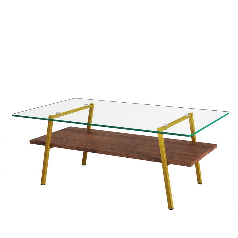 Rectangle Coffee Table, Tempered Glass Tabletop with Black Metal Legs