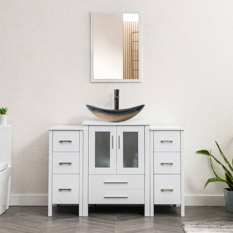 48" Bathroom Vanity Set Vessel Sink Faucet W/ Small Cabinet Combo - Glass champagne boat sink - White