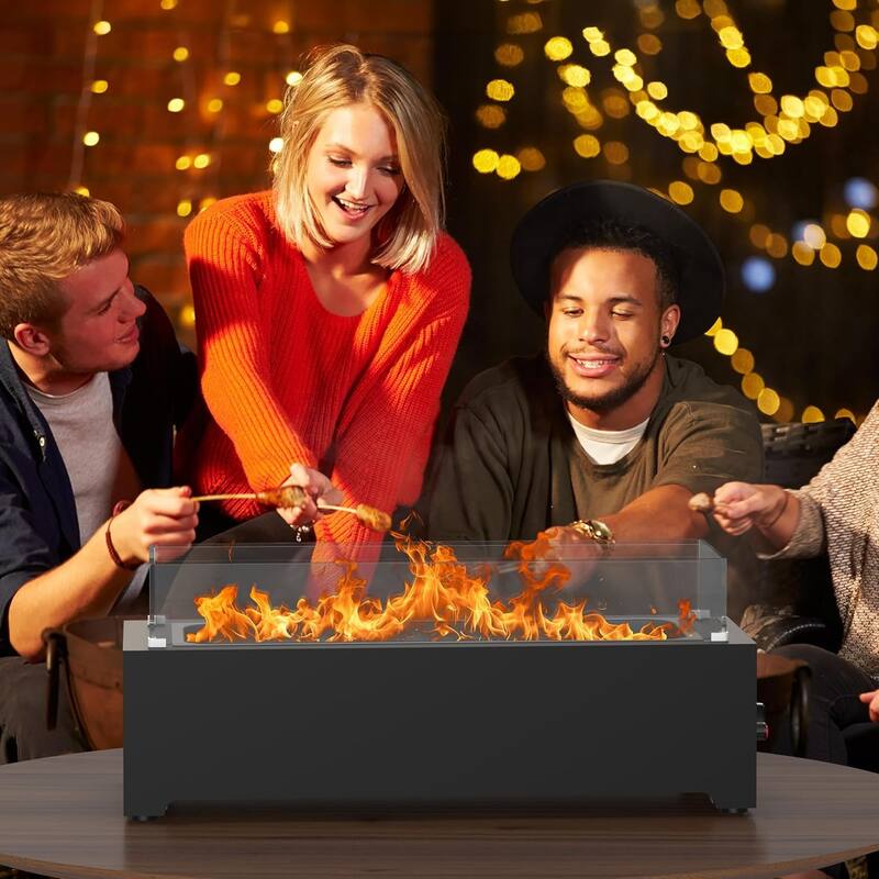 EROMMY 28" Propane Fire Pit Tabletop - 40,000 BTU Stainless Steel, Windshield & Crystal Stones, Indoor/Outdoor Use