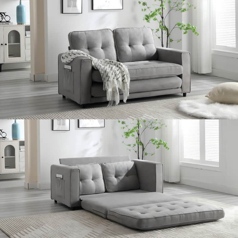 Modern Convertible Velvet Loveseat Sofa Sleeper Sofa Bed with 2 Pillows