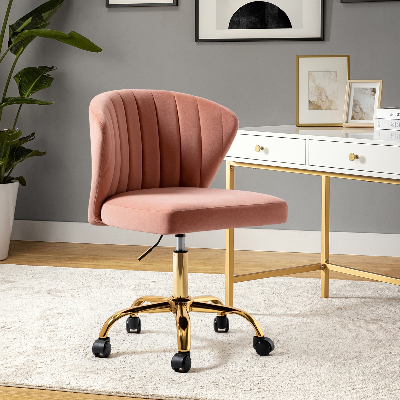 HULALA HOME Ilia Modern Velvet Wingback 360 degree Ergonomic Office Task Chair with Channel Tufted Back