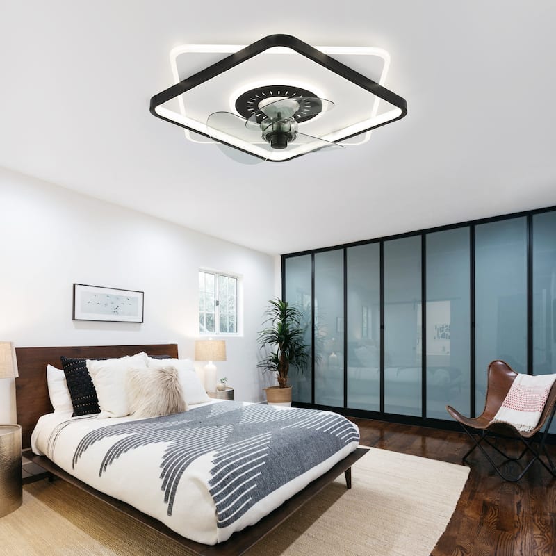 Oaks Aura 20in. Square Low Profile Ceiling Fan with Light, Flush Mount Remote Control Ceiling Fan for Bedroom - Black