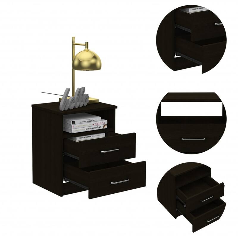 Brown Oak 2-Drawer Rectangular Nightstand with Metal Handles for Bedroom