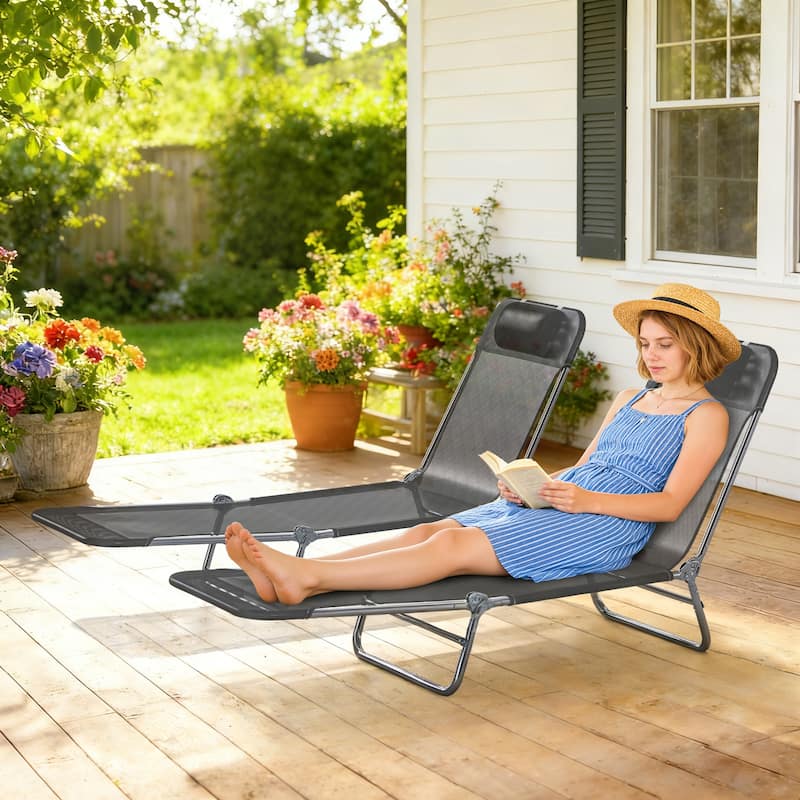 Outsunny Folding Chaise Lounge Pool Chairs, Set of 2 Outdoor Sun Tanning Chairs with Pillow, Six-Position Reclining Back