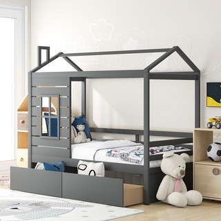 Twin Size House Bed with Two Drawers & Guardrail