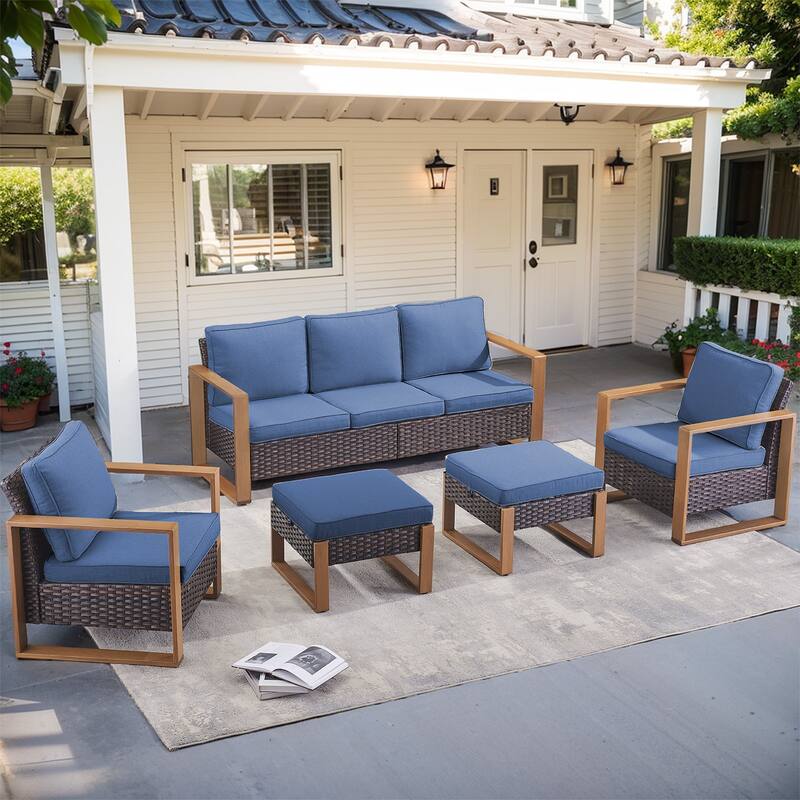 5 Piece Patio Furniture Sets with Club Chair - Brown - Blue - Brown
