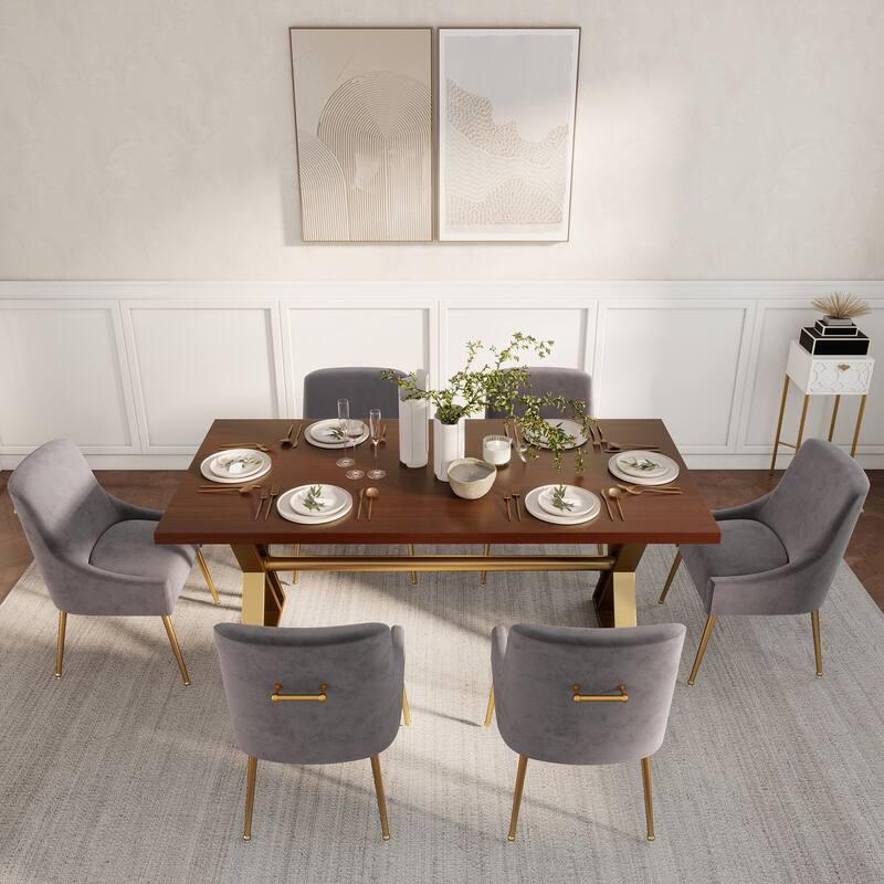 7-Piece Clihome Walut Wood Table with Velvet Chair Dining Chair