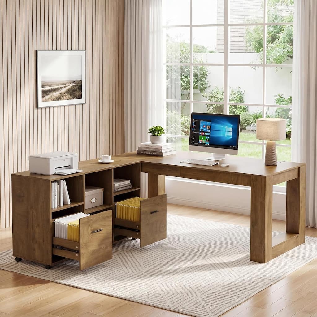 63-Inch L Shaped Executive Desk with Rolling File Cabinet, Home Office Set with Shelves and 2 Drawers