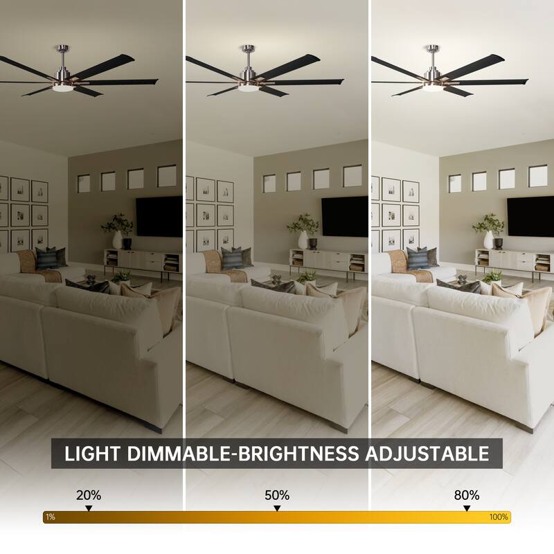 Industrial 72-inch Alumium 6-Blade Brushed Chrome LED Ceiling Fan with Remote and Light Kits - 72-in W x 17.8-in H