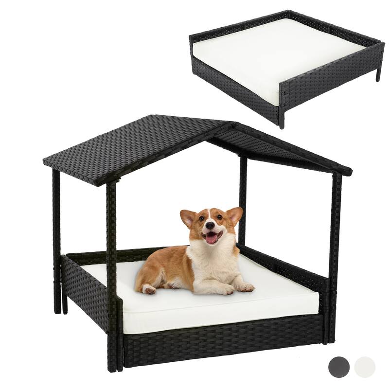 2 In 1 Wicker Pet Bed With Cushion and Canopy, Dog House - White