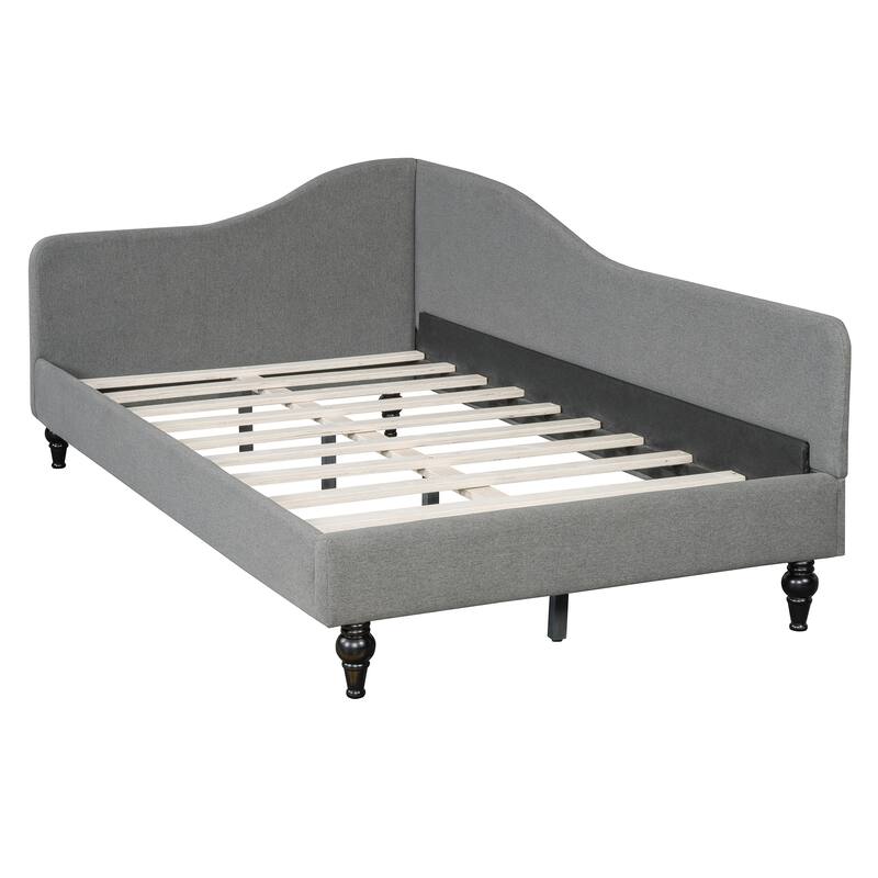 Twin/Full Size Upholstered Daybed, Linen Fabric Sofa Bed with Solid Wood Legs and L Shaped Backrest, Solid Wood Bedframe